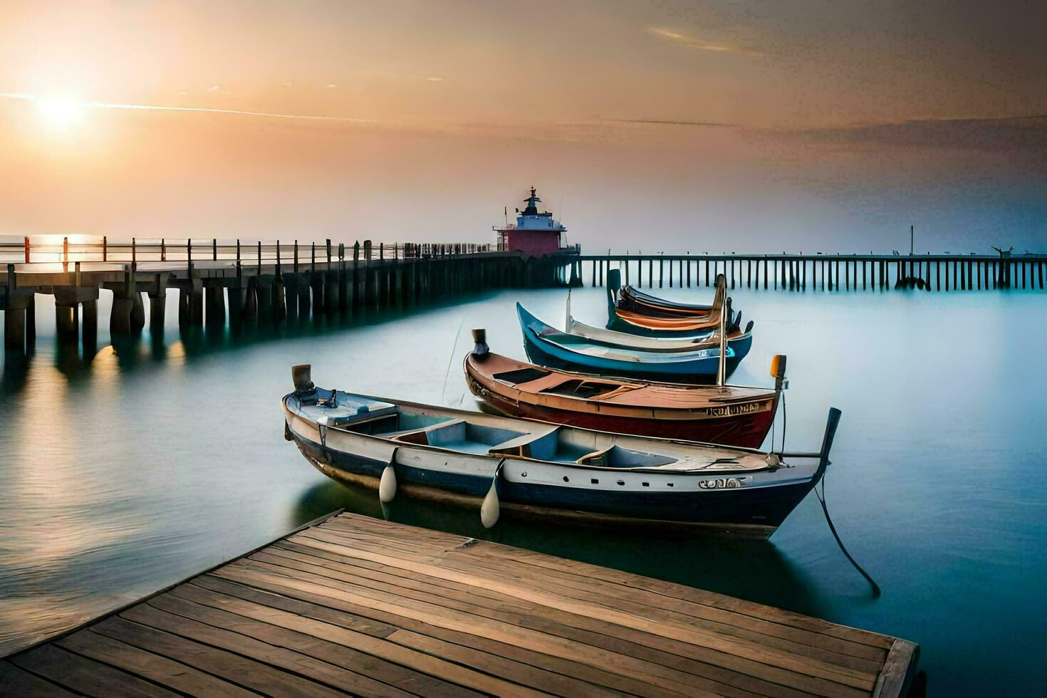 boten aangemeerd Bij de pier Bij zonsopkomst. ai-gegenereerd foto