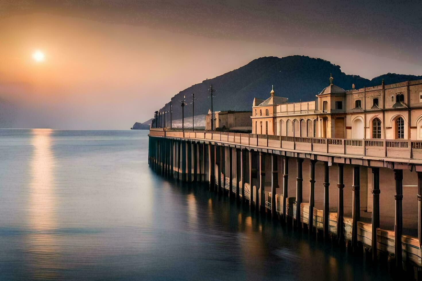 de zon sets over- de pier in Italië. ai-gegenereerd foto