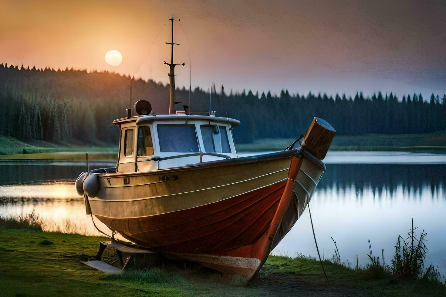 een boot zit Aan de kust van een meer Bij zonsondergang. ai-gegenereerd foto