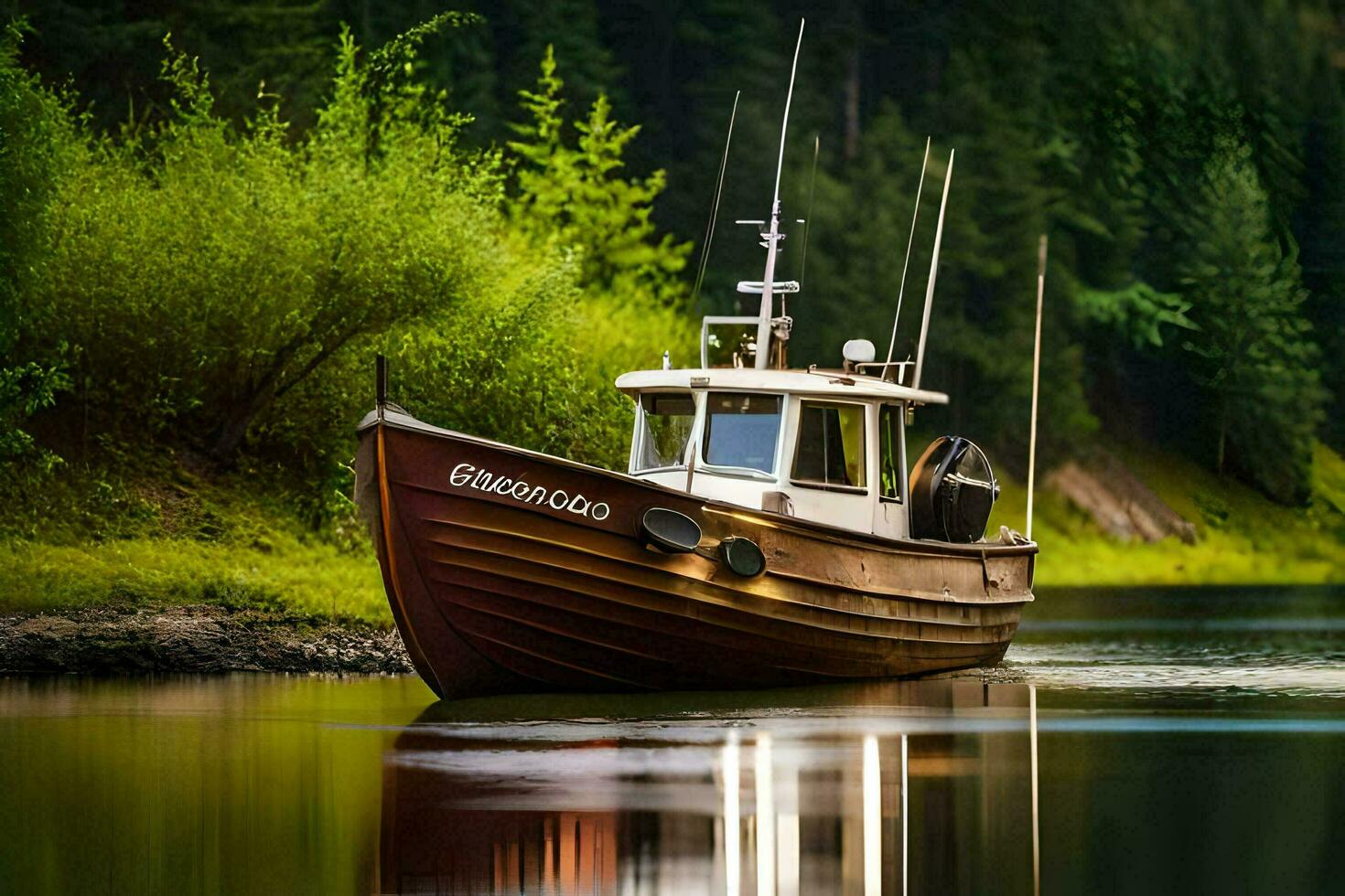 een boot Aan de rivier- in de Woud. ai-gegenereerd foto