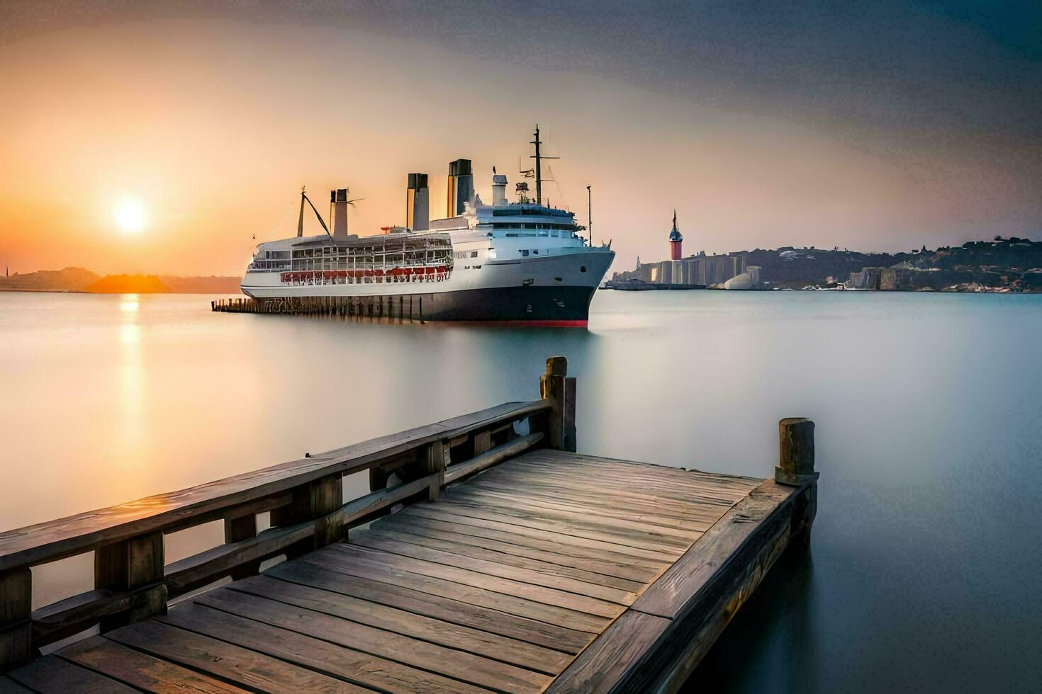 een reis schip aangemeerd Bij de pier Bij zonsondergang. ai-gegenereerd foto