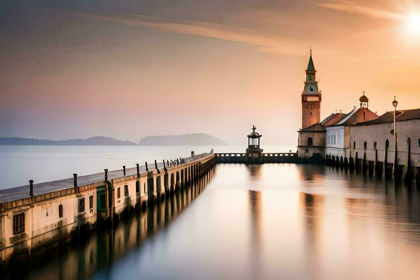 een lang blootstelling foto van een klok toren in de water. ai-gegenereerd