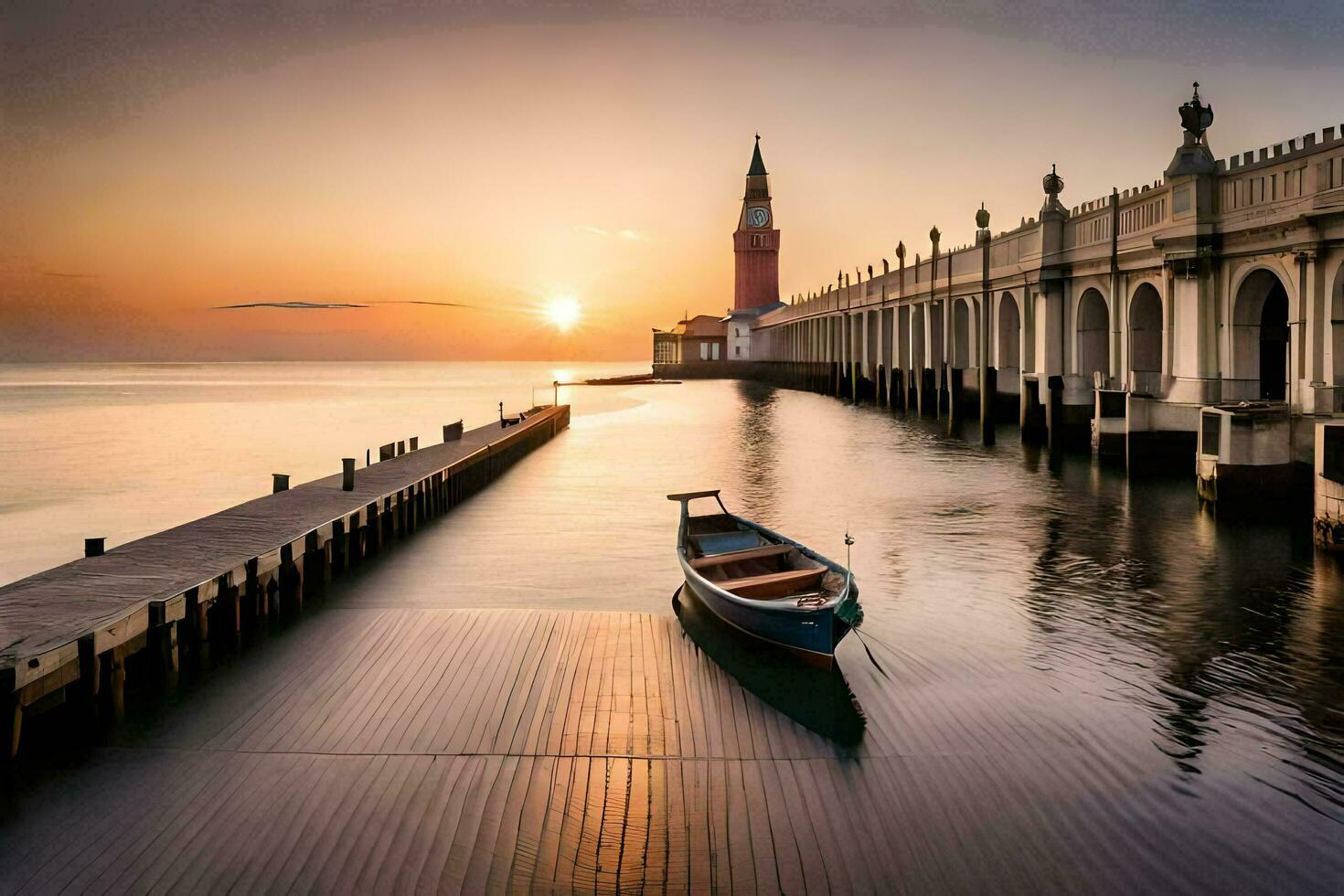 de zon stijgt over- een pier en een boot. ai-gegenereerd foto