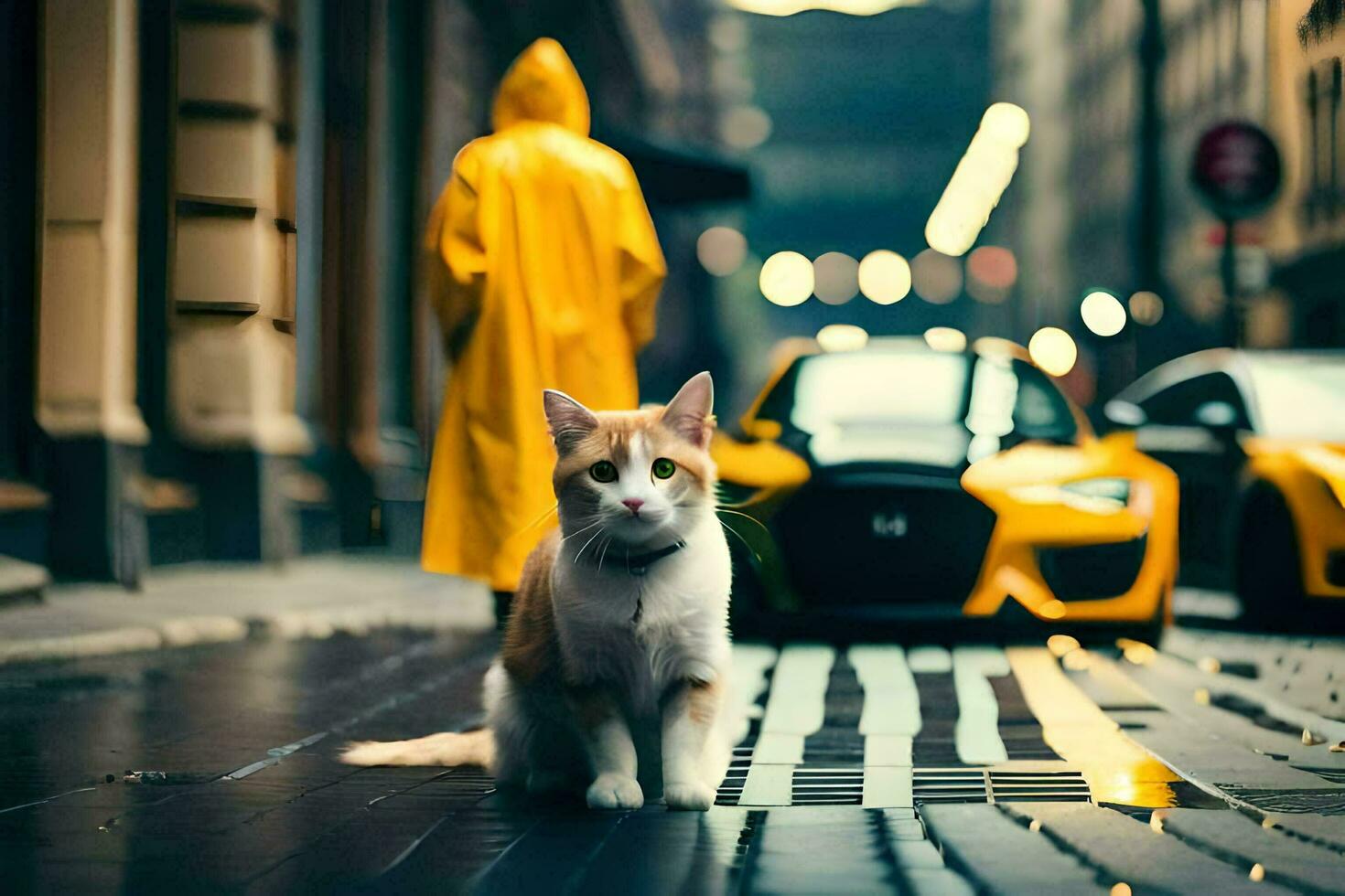 een kat zittend Aan de straat in voorkant van een geel auto. ai-gegenereerd foto