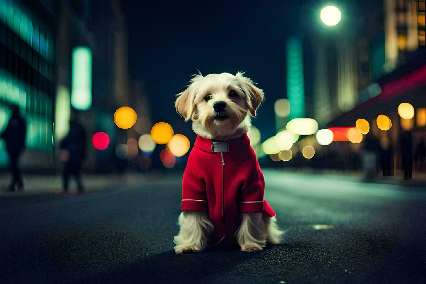 een hond vervelend een rood jasje Aan de straat Bij nacht. ai-gegenereerd foto