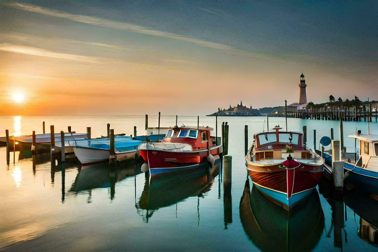 boten aangemeerd Bij de pier Bij zonsondergang. ai-gegenereerd foto