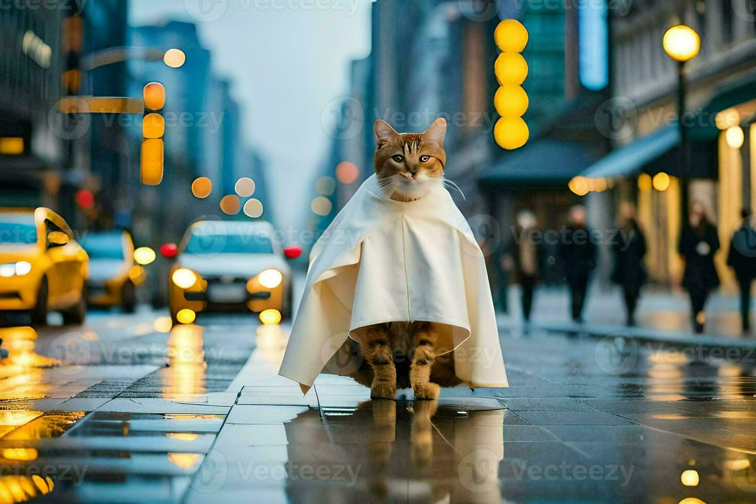 een kat gekleed in een kaap wandelingen naar beneden een stad straat. ai-gegenereerd foto