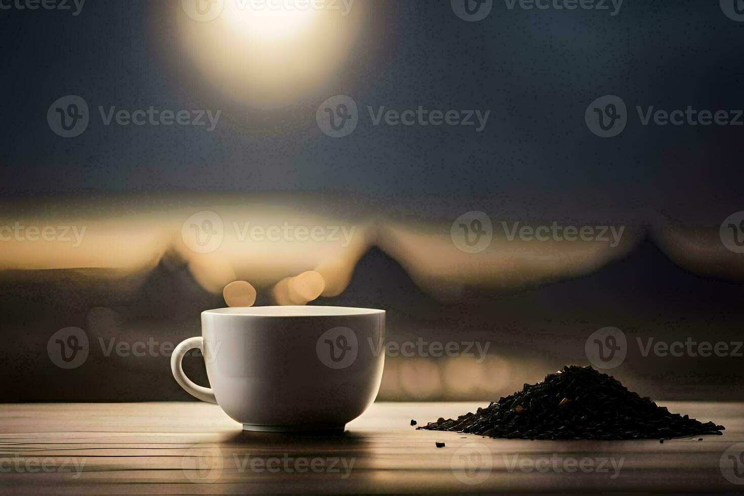 koffie kop en koffie bonen Aan een houten tafel. ai-gegenereerd foto