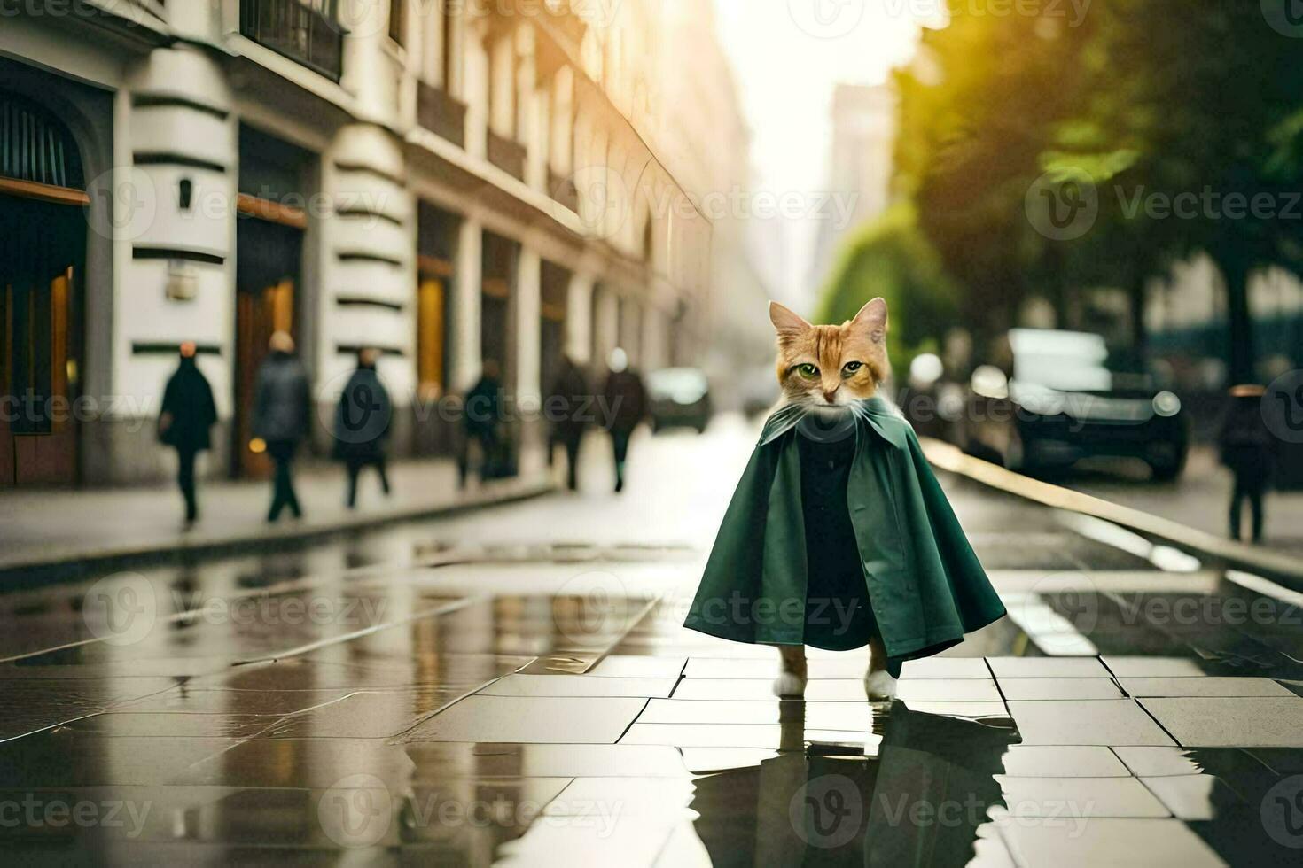 een kat gekleed in een mantel en een groen regenjas. ai-gegenereerd foto