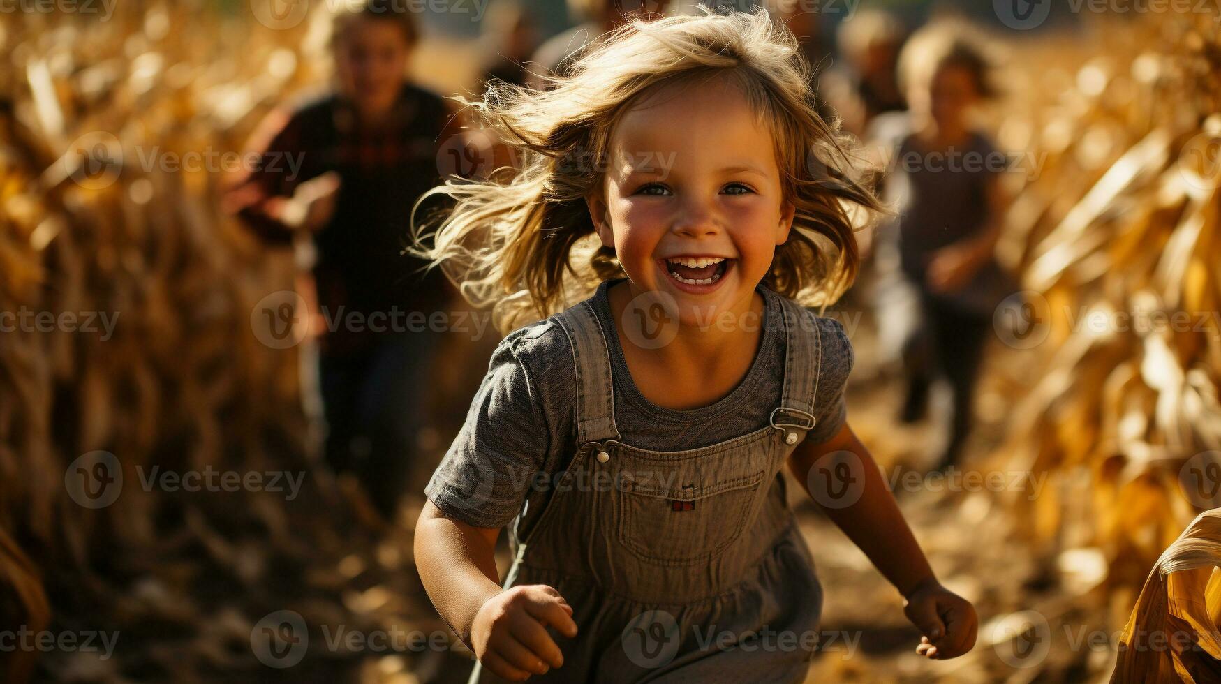 gelukkig lachend kinderen rennen een mist de maïs velden Aan een vallen dag - generatief ai. foto