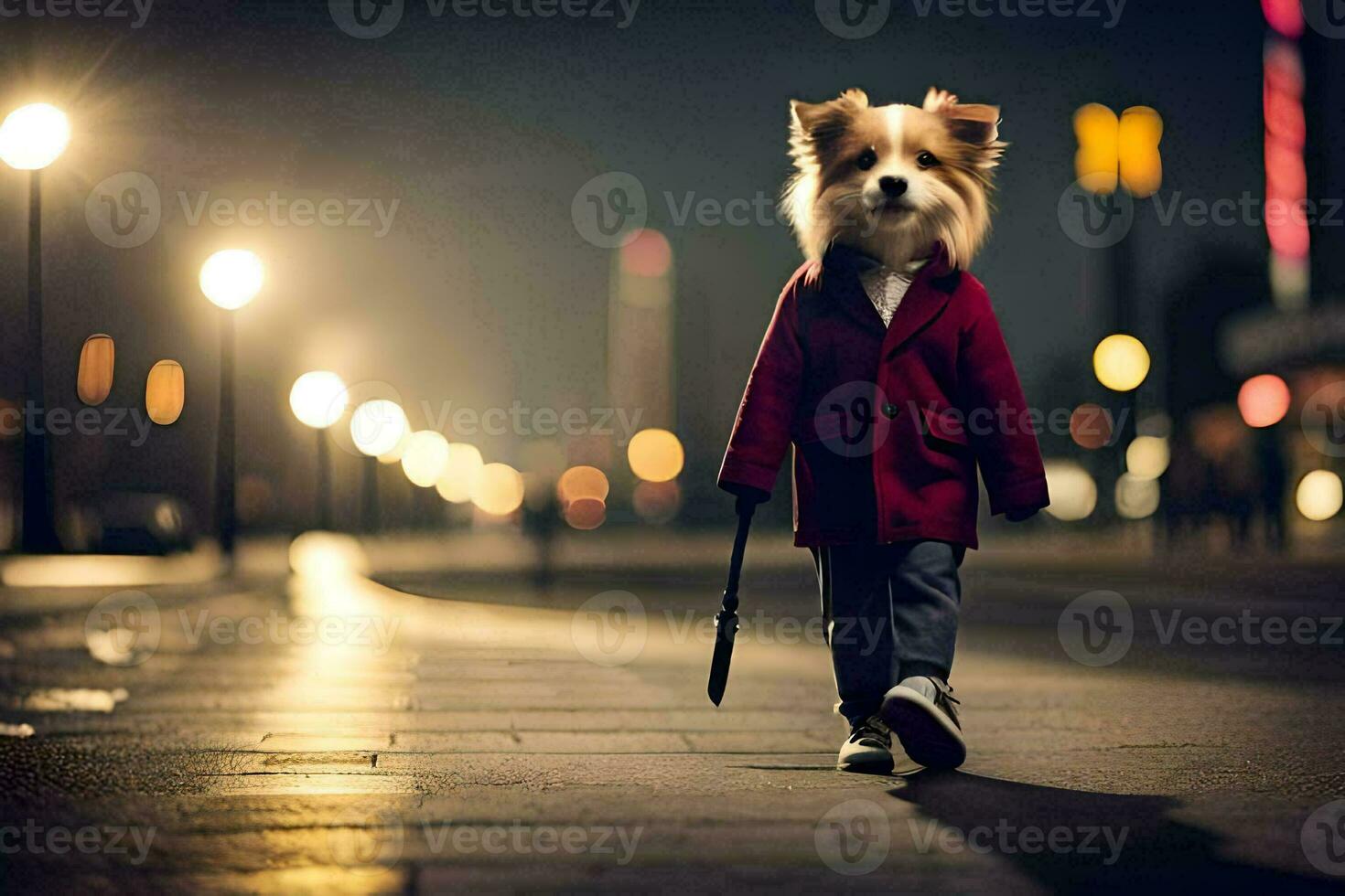 een hond in een rood jas wandelen naar beneden de straat Bij nacht. ai-gegenereerd foto