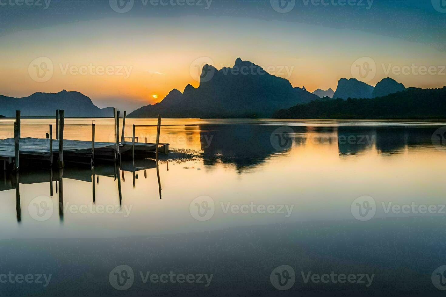 de zon stijgt over- een meer en bergen. ai-gegenereerd foto