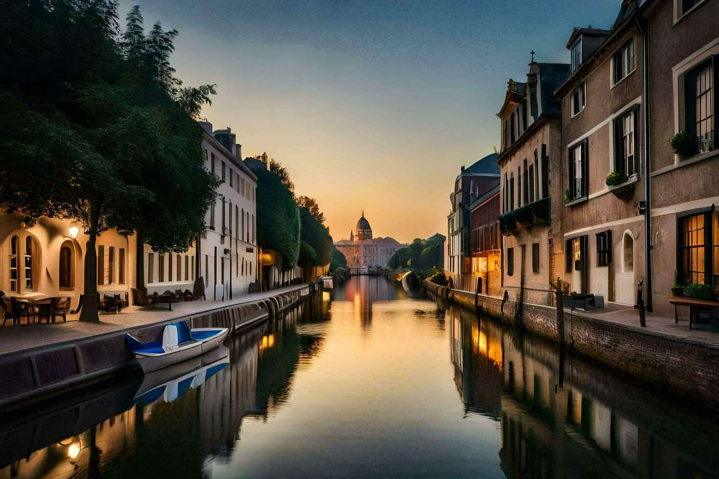 een kanaal in de midden- van een stad Bij zonsondergang. ai-gegenereerd foto