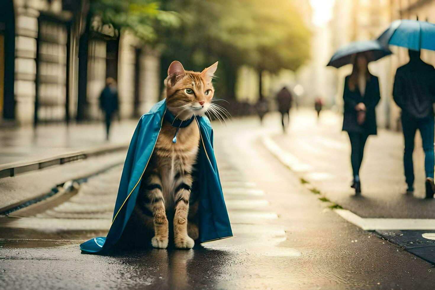 een kat in een blauw mantel staand Aan de straat. ai-gegenereerd foto