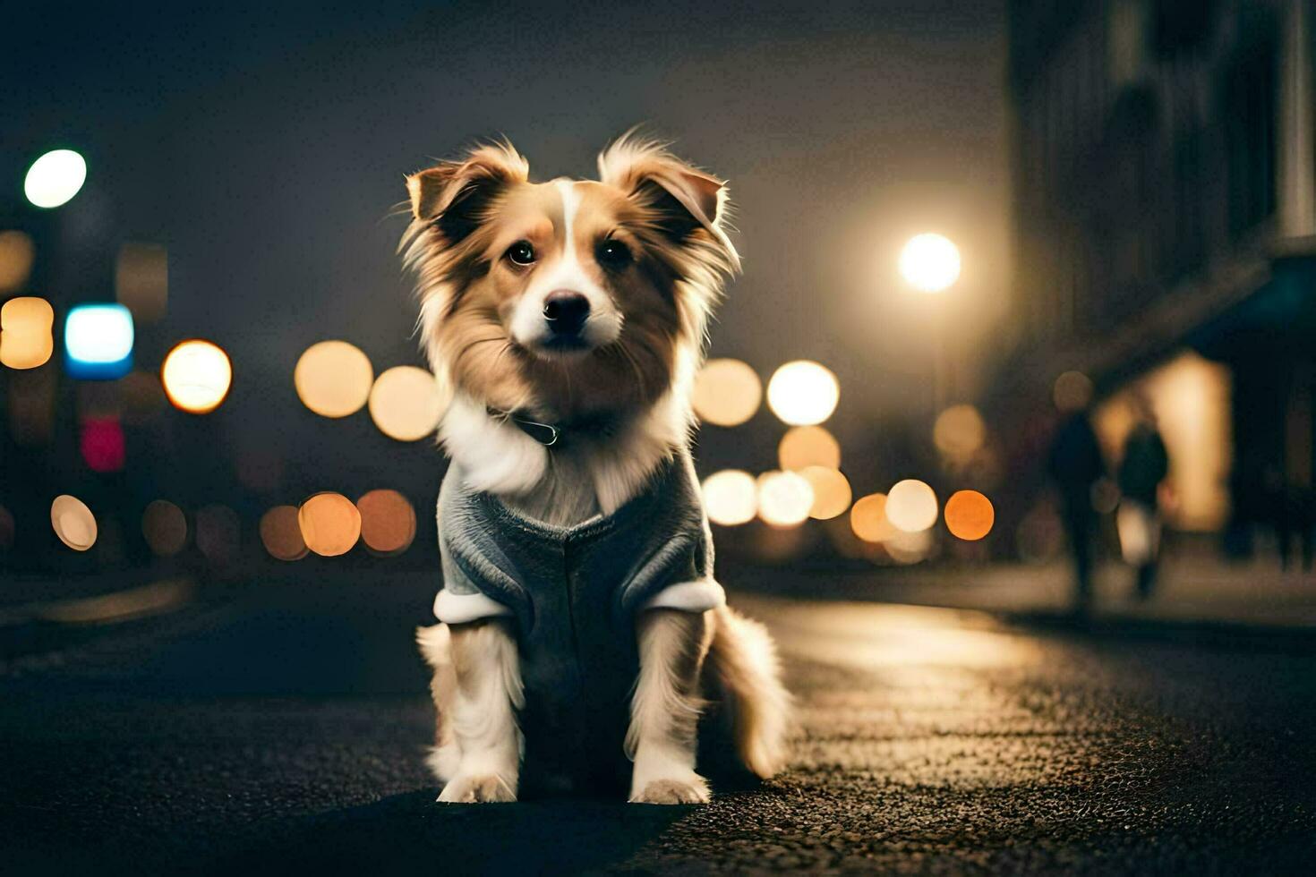 een hond vervelend een trui zit Aan de straat Bij nacht. ai-gegenereerd foto