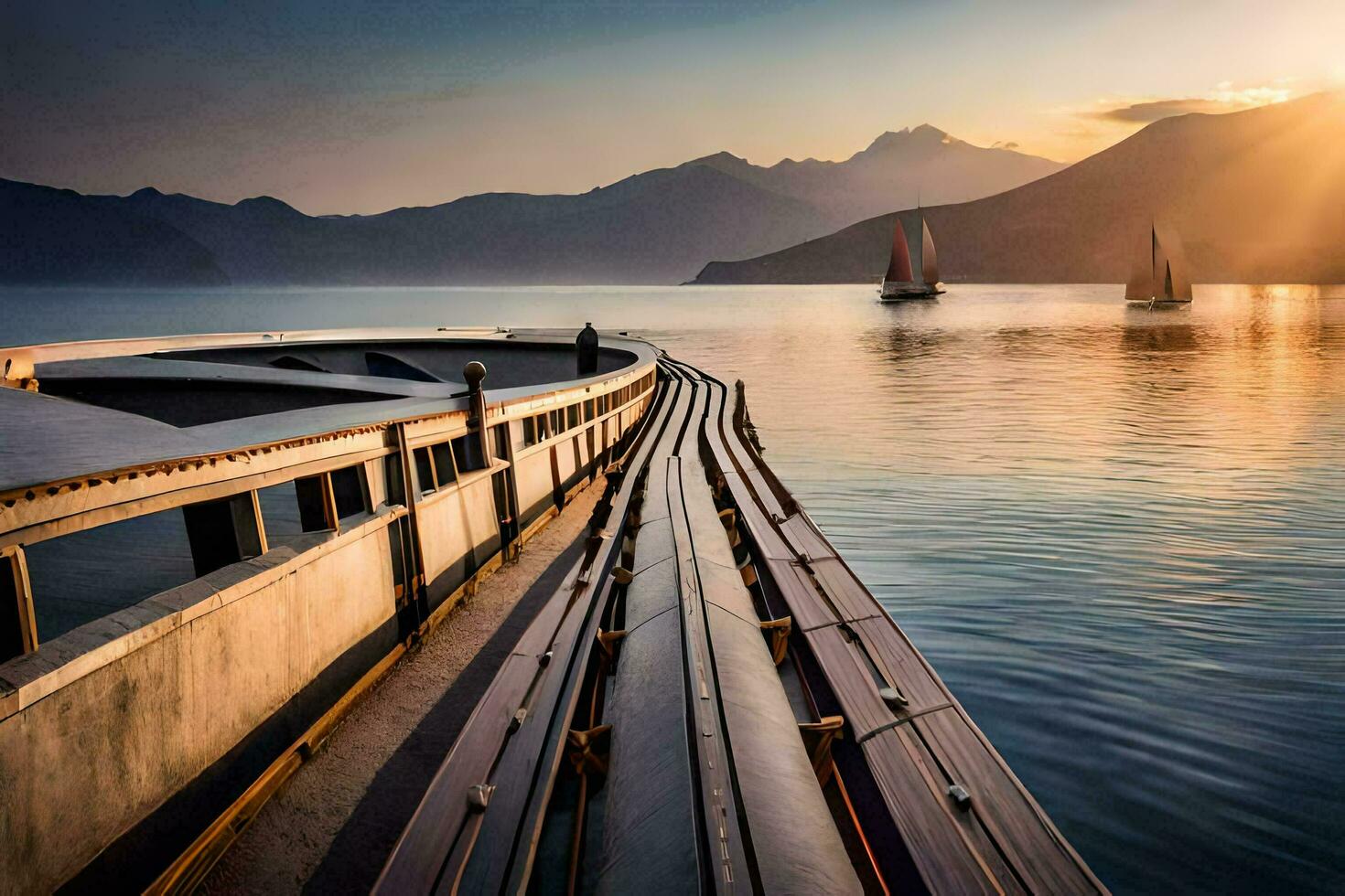 een boot is aangemeerd Bij de einde van een pier met bergen in de achtergrond. ai-gegenereerd foto