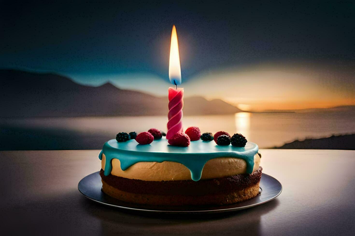 een verjaardag taart met een lit kaars Aan top. ai-gegenereerd foto