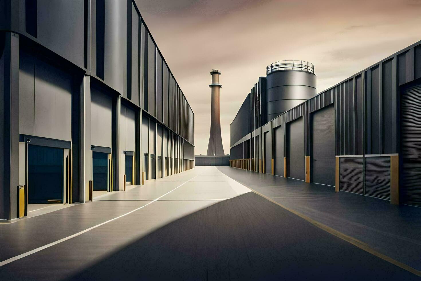 een lang leeg industrieel gebouw met een fabriek in de achtergrond. ai-gegenereerd foto