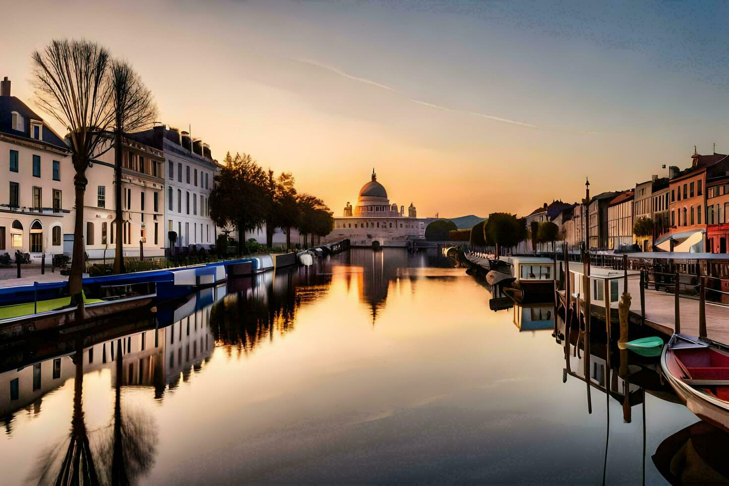 een kanaal met boten en gebouwen Bij zonsondergang. ai-gegenereerd foto