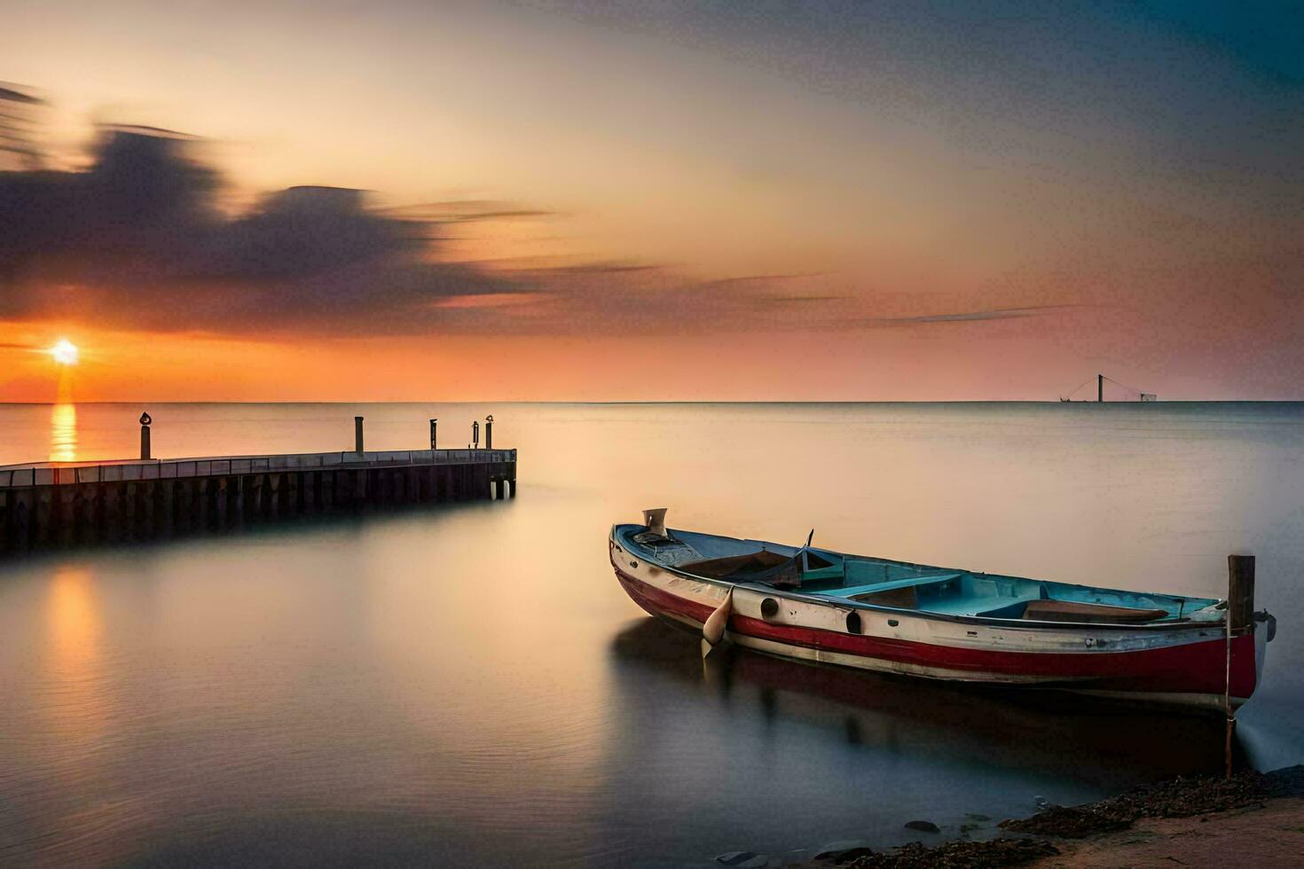 een boot zit Aan de kust Bij zonsondergang. ai-gegenereerd foto