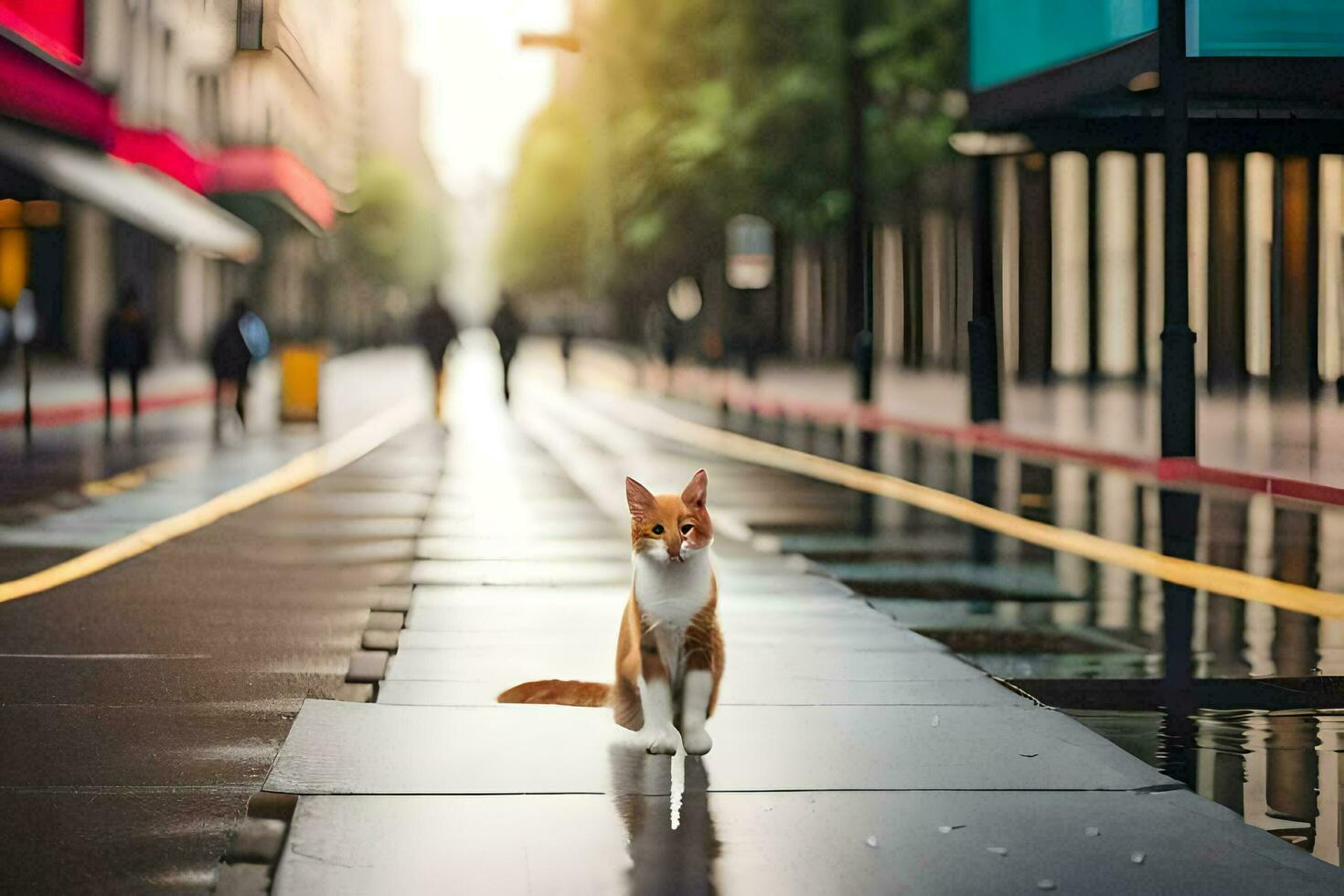 een kat is staand Aan de straat in de regen. ai-gegenereerd foto