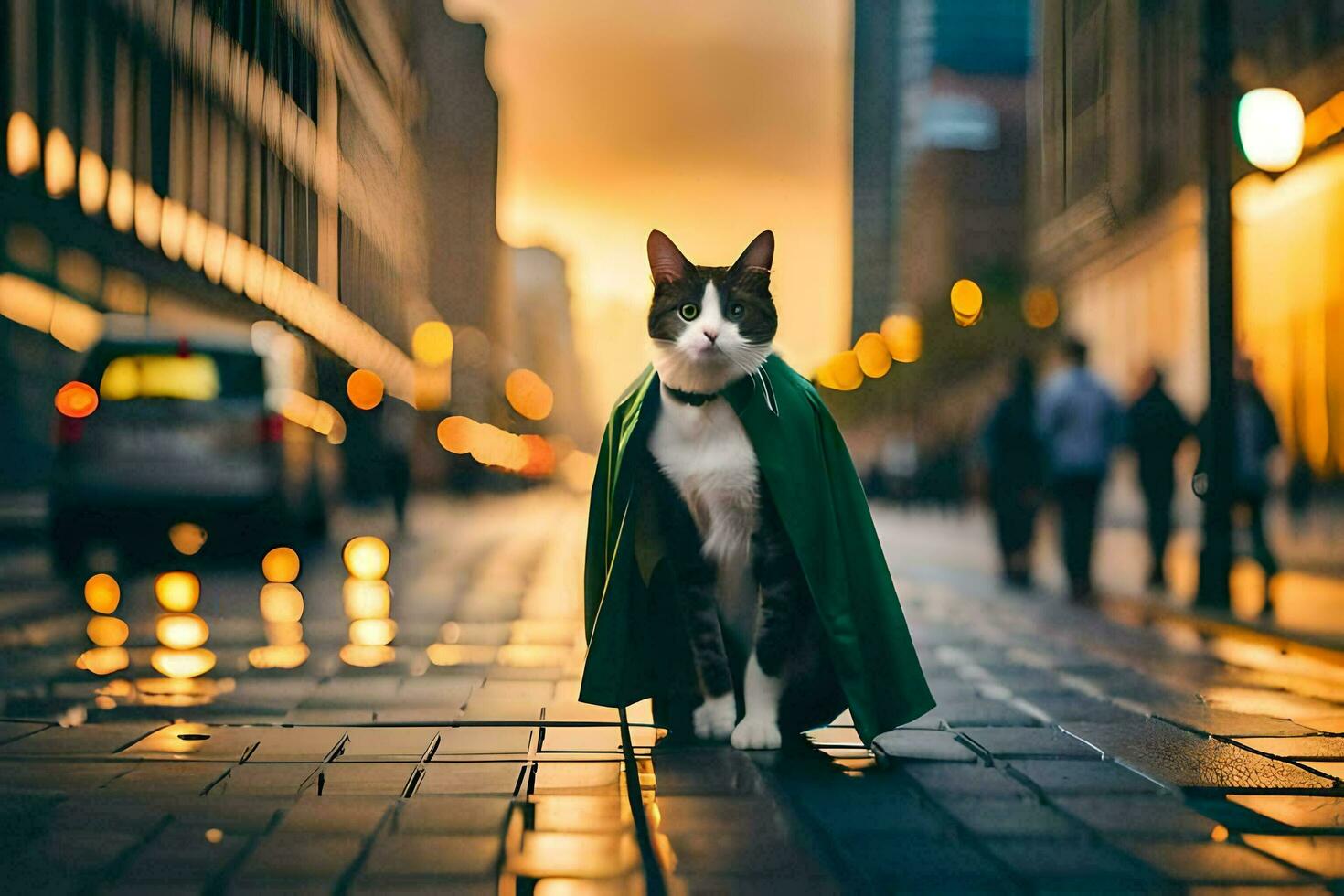 een kat vervelend een groen kaap wandelingen naar beneden een stad straat. ai-gegenereerd foto