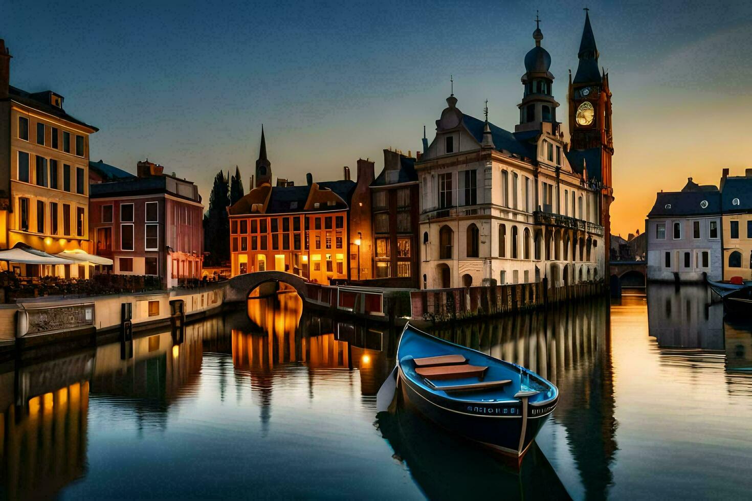 een boot zit Aan de water in voorkant van gebouwen. ai-gegenereerd foto