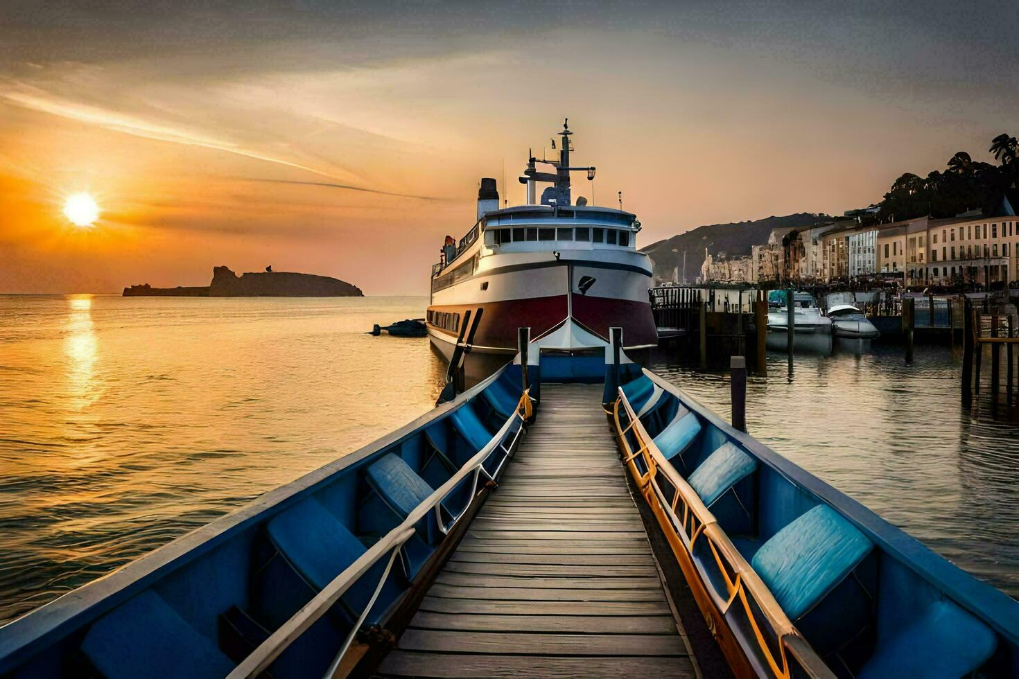 een boot is aangemeerd Bij de einde van een dok Bij zonsondergang. ai-gegenereerd foto