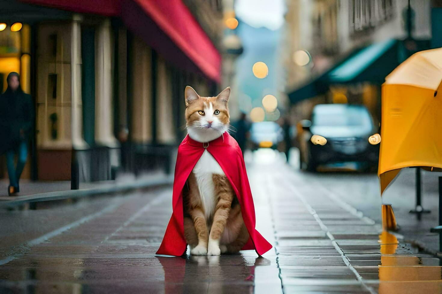 een kat vervelend een rood kaap Aan een regenachtig straat. ai-gegenereerd foto