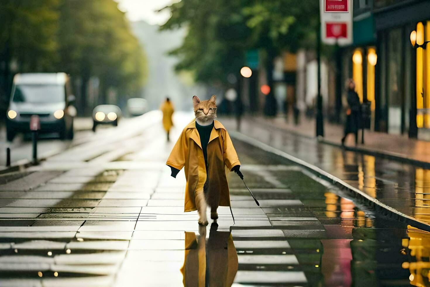 een hond in een regenjas wandelen naar beneden een straat. ai-gegenereerd foto