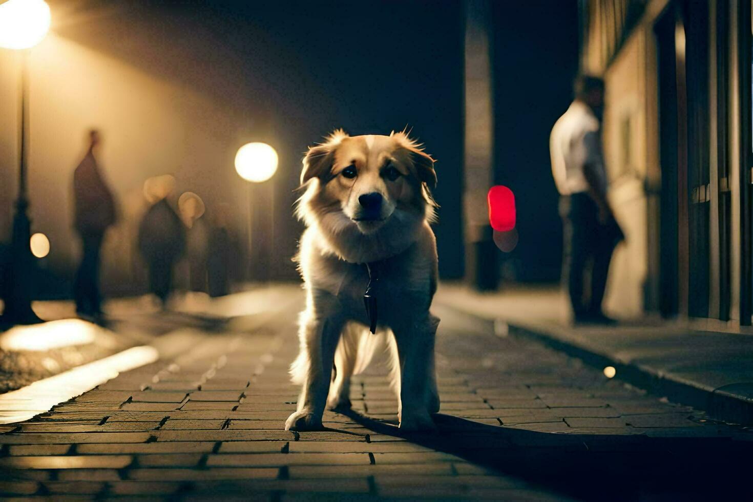 een hond is staand Aan een straat Bij nacht. ai-gegenereerd foto