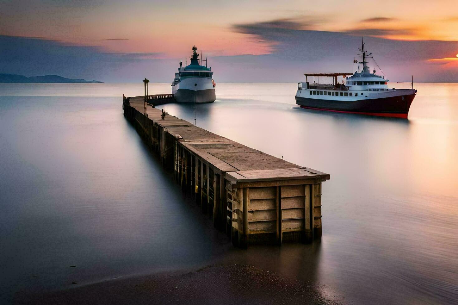 twee boten aangemeerd Bij de einde van een pier Bij zonsondergang. ai-gegenereerd foto