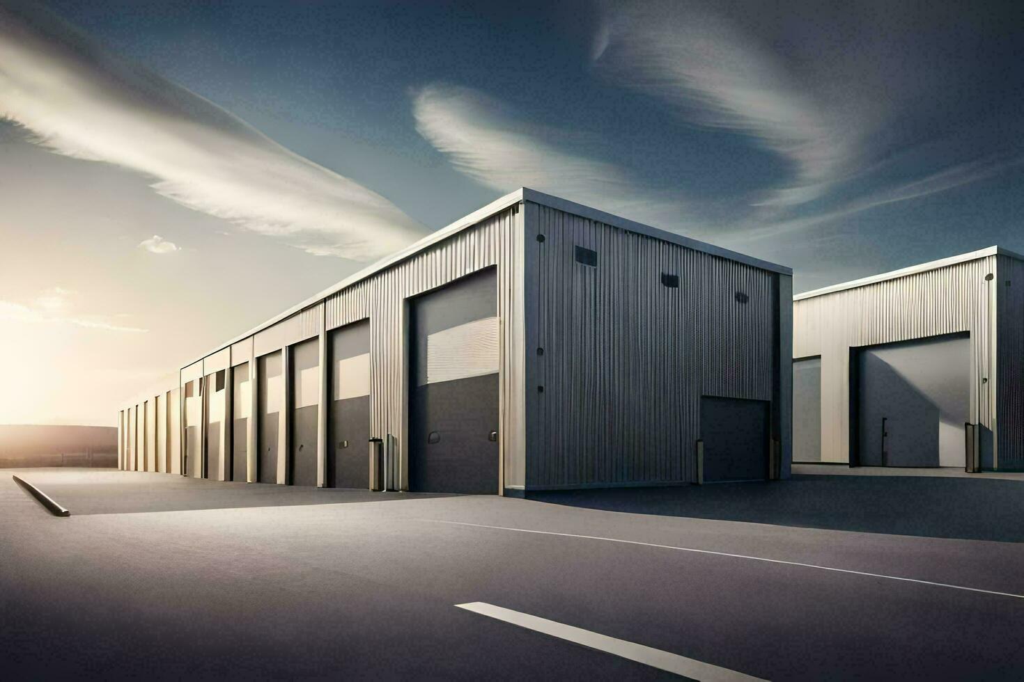 een groot industrieel gebouw met twee garage deuren. ai-gegenereerd foto