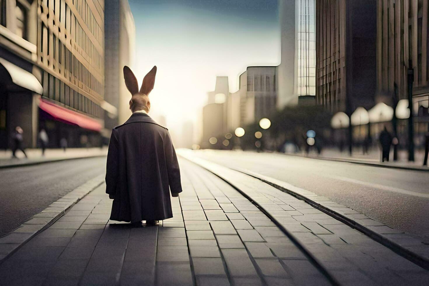 een konijn vervelend een pak en stropdas staat Aan de straat. ai-gegenereerd foto
