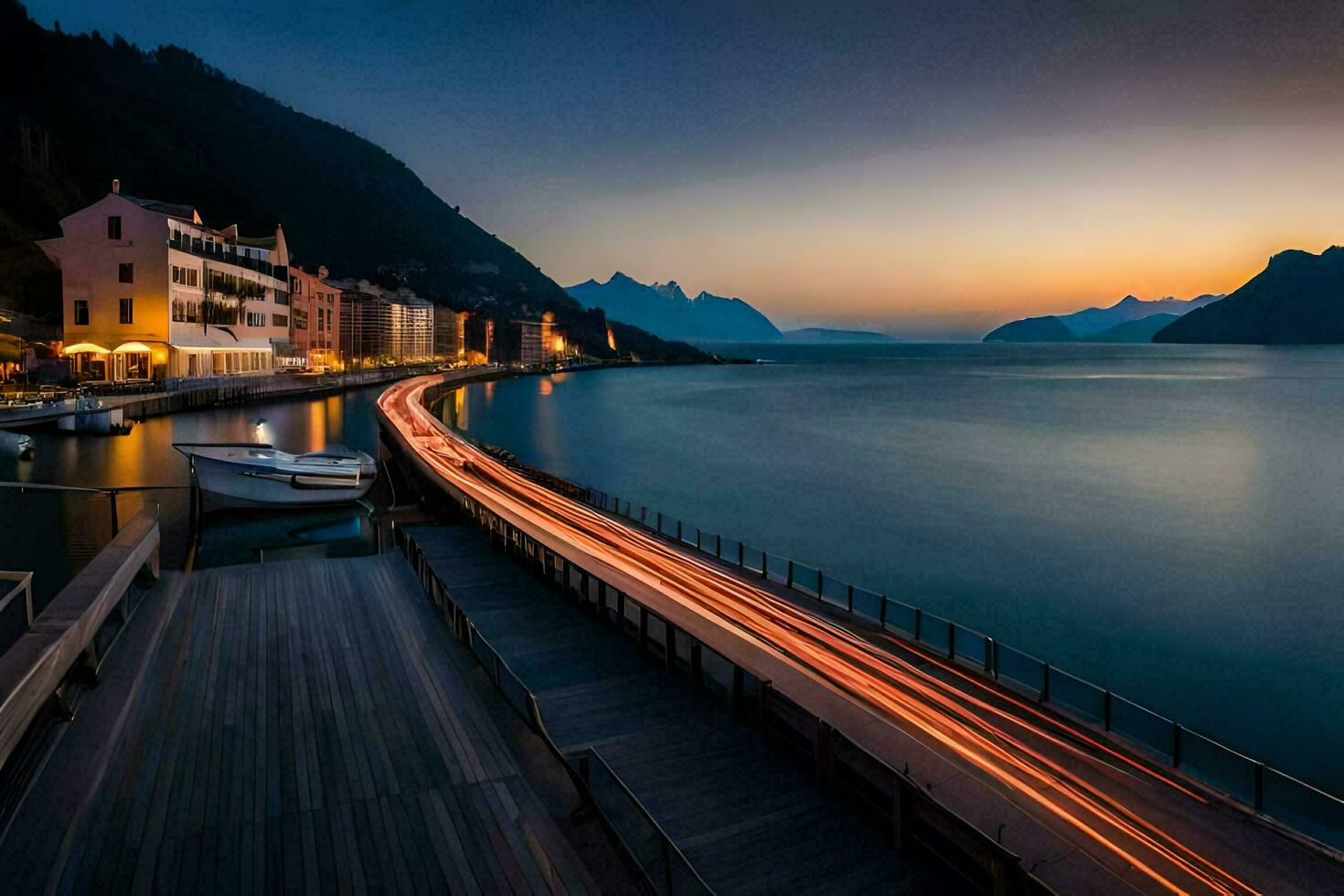 een lang blootstelling foto van een brug over- water en bergen. ai-gegenereerd