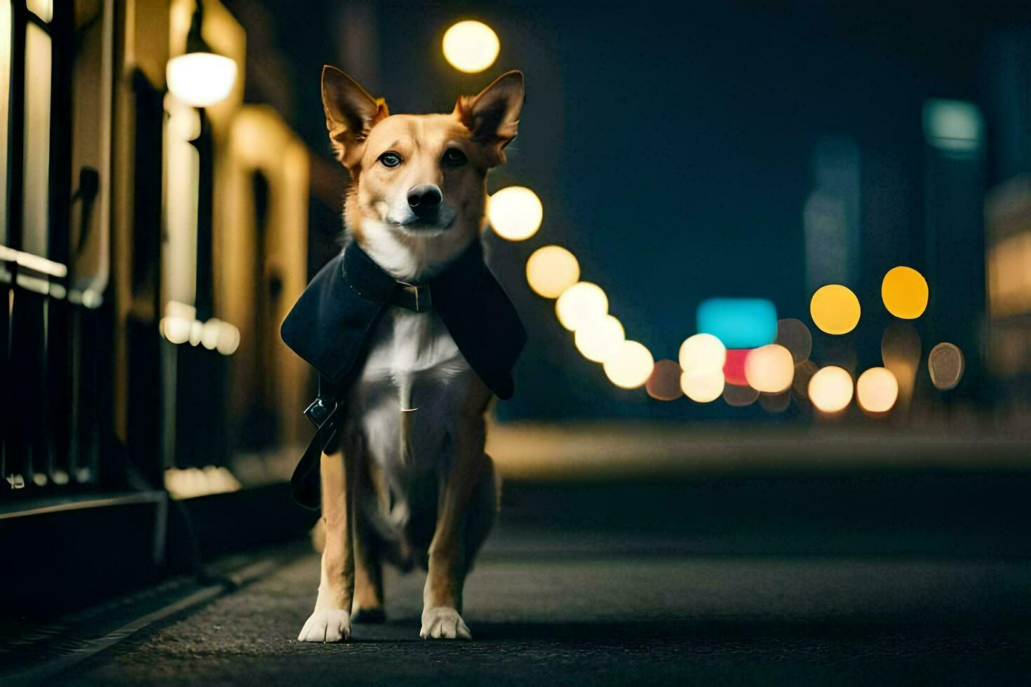 een hond staand Aan de straat Bij nacht. ai-gegenereerd foto