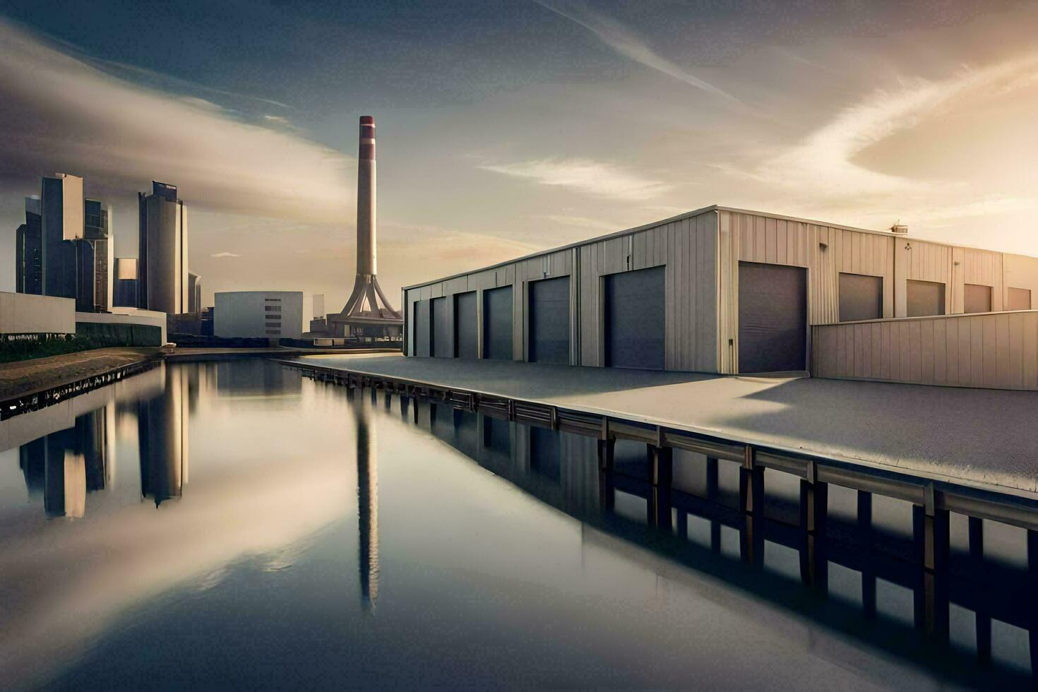 een fabriek gebouw met een dok en een waterweg. ai-gegenereerd foto