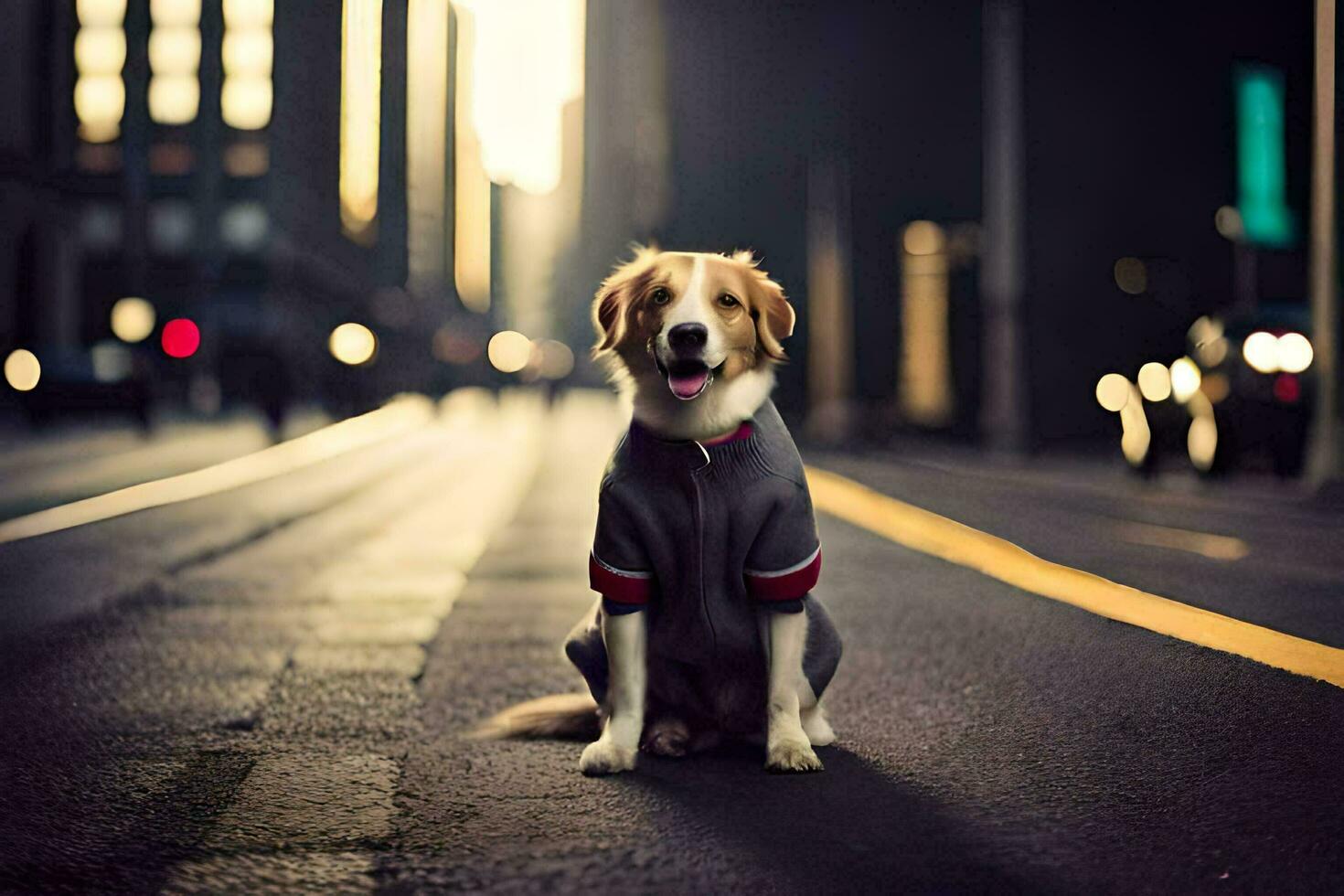 een hond zittend Aan de straat in de midden- van de nacht. ai-gegenereerd foto