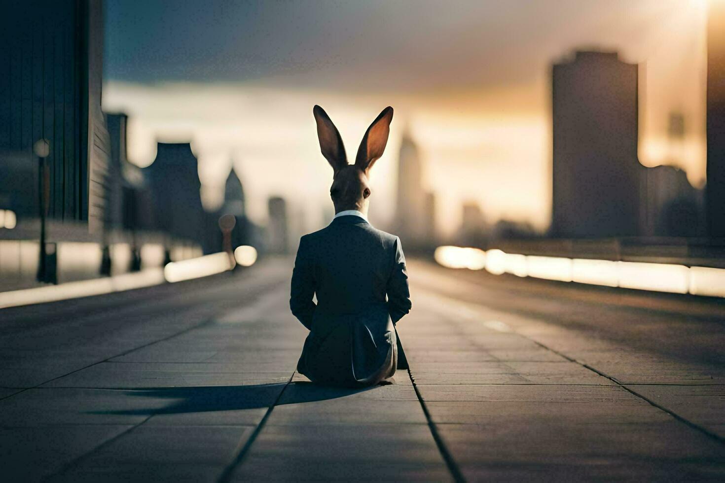 een konijn vervelend een pak zit Aan de grond in voorkant van een stad. ai-gegenereerd foto