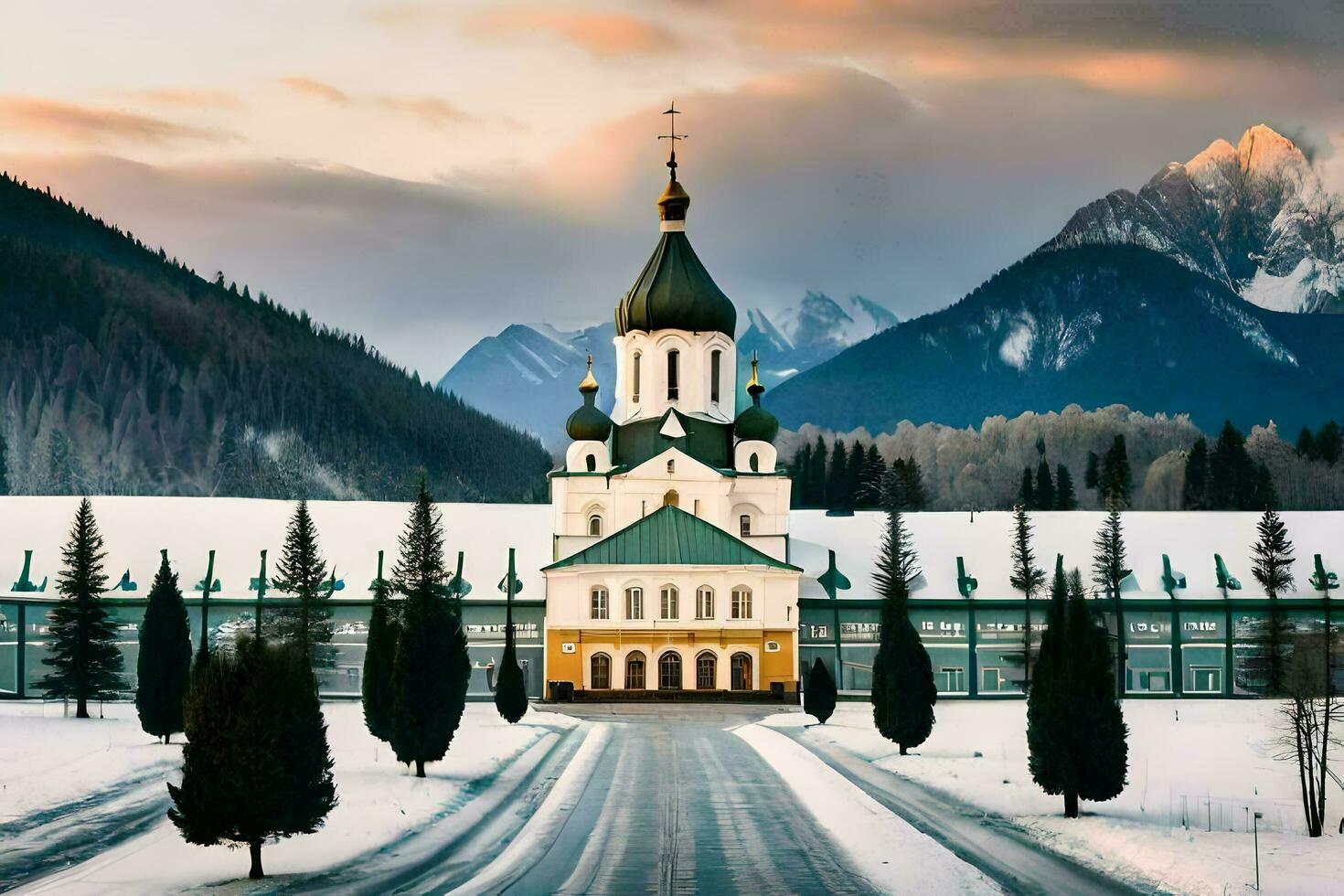 een kerk in de sneeuw met bergen in de achtergrond. ai-gegenereerd foto