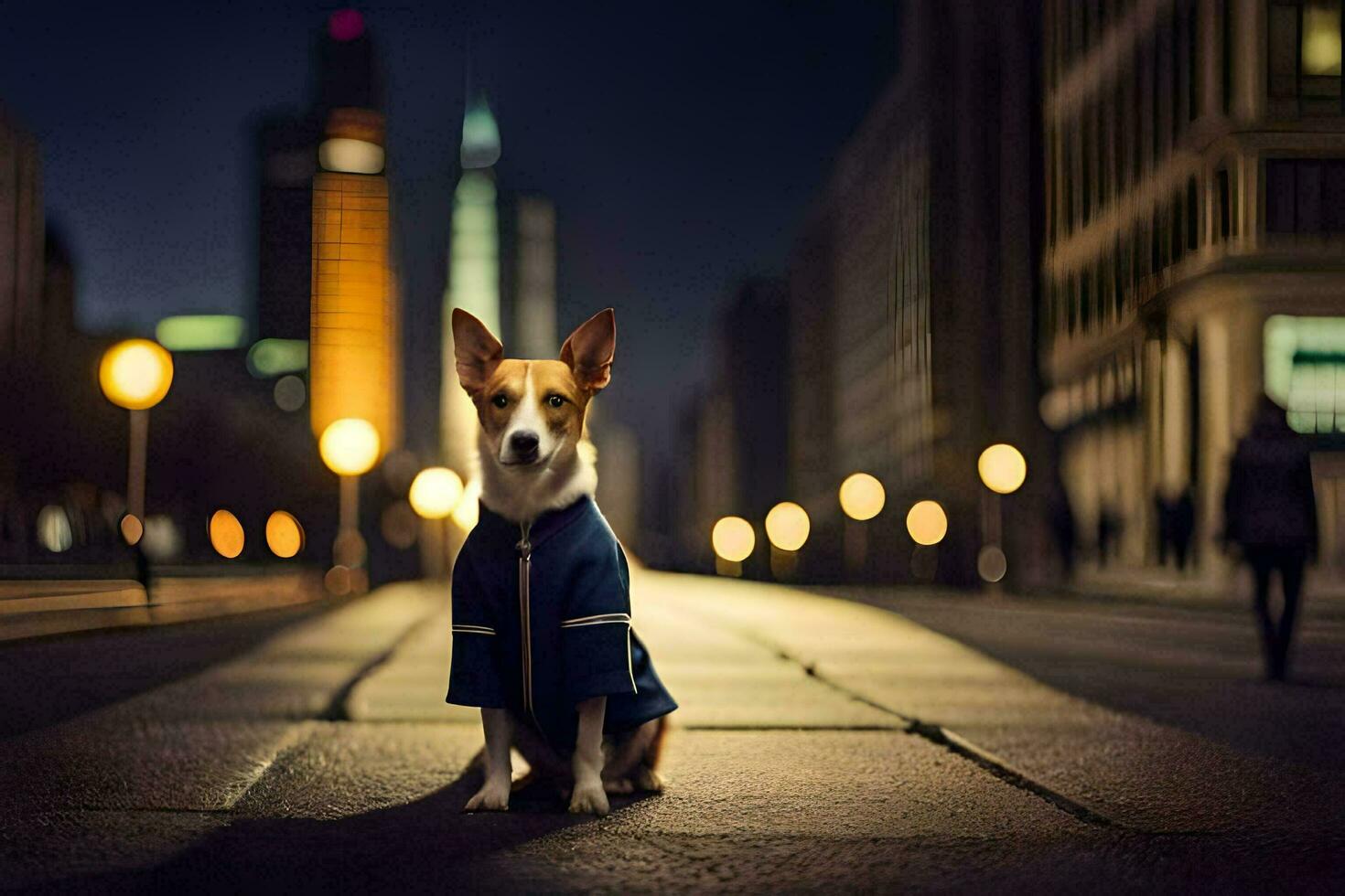 een hond in een blauw jasje zittend Aan de straat Bij nacht. ai-gegenereerd foto