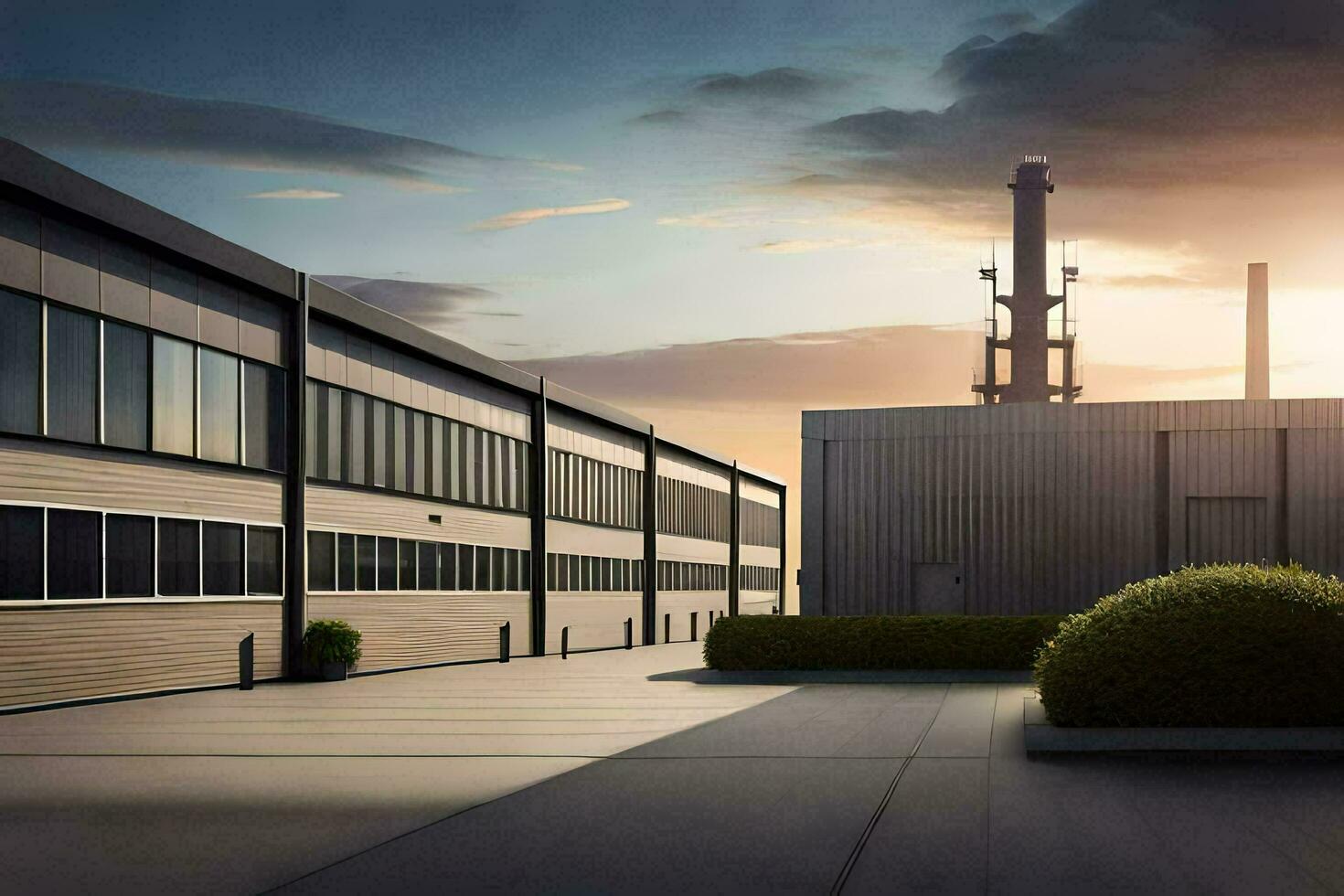 een fabriek gebouw met een groot gebouw in de achtergrond. ai-gegenereerd foto