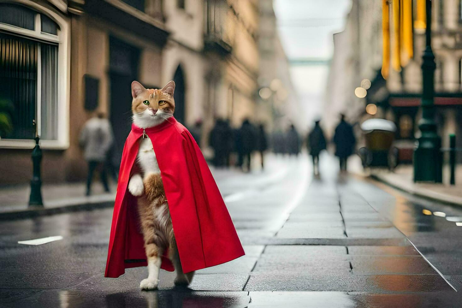 een kat vervelend een rood kaap wandelingen naar beneden een straat. ai-gegenereerd foto