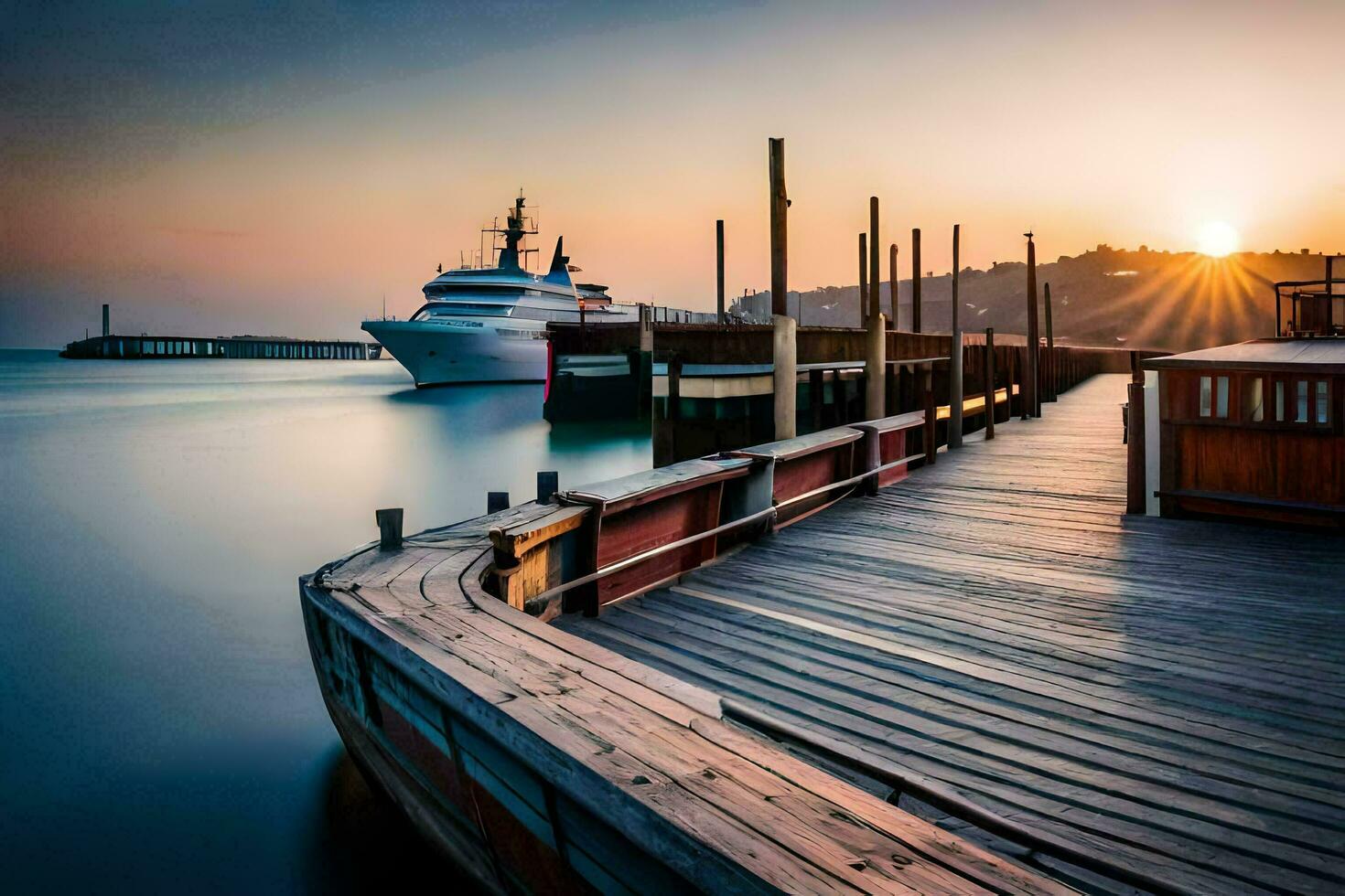 een boot aangemeerd Bij de pier Bij zonsondergang. ai-gegenereerd foto