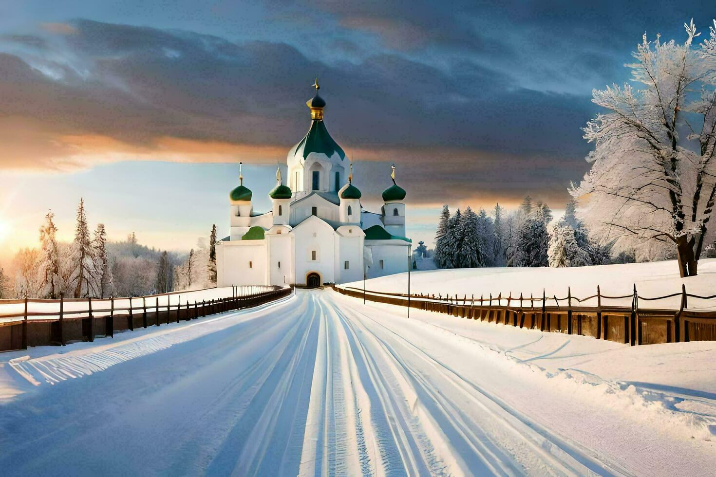 een besneeuwd weg Leidt naar een kerk in de midden- van een veld. ai-gegenereerd foto