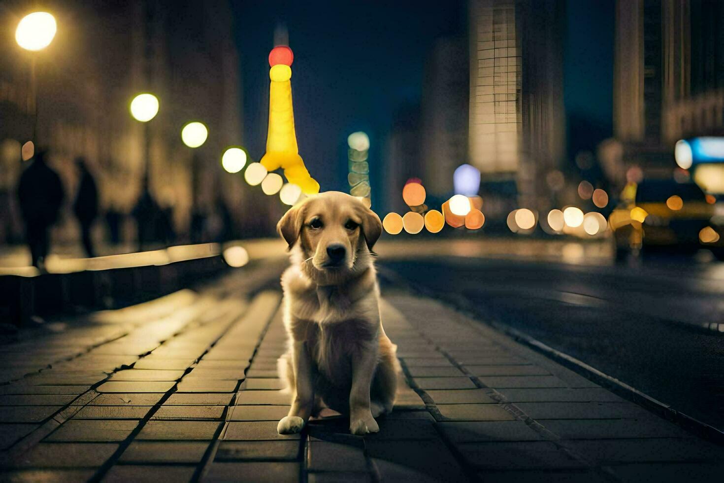 een hond zittend Aan de straat Bij nacht. ai-gegenereerd foto