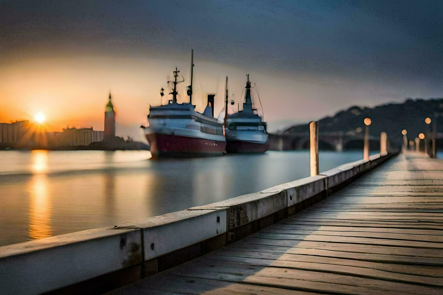 een boot is aangemeerd Bij de einde van een pier. ai-gegenereerd foto