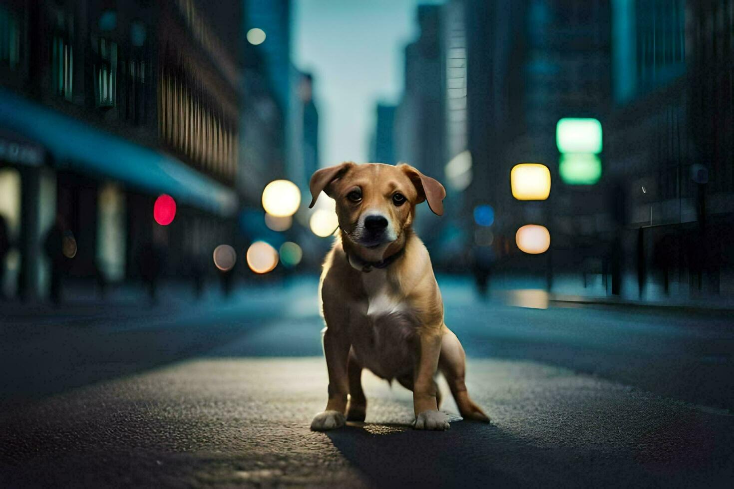 een hond zittend Aan de straat in de midden- van een stad. ai-gegenereerd foto
