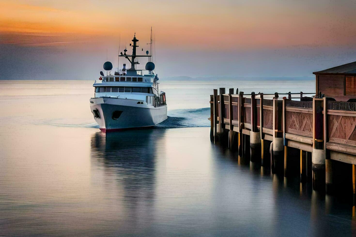 een boot is op reis naar beneden de water Bij zonsondergang. ai-gegenereerd foto