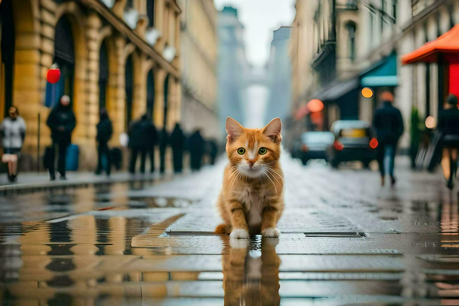 een oranje kat staand Aan een nat straat. ai-gegenereerd foto